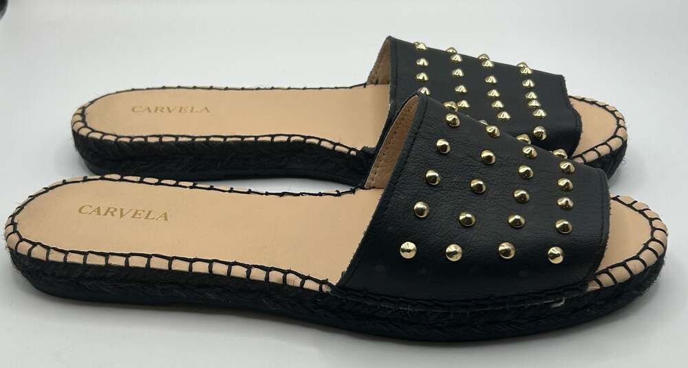 Black Studded Slides Women’s Size 10 Leather Espadrille Flat - Picture 2 of 6